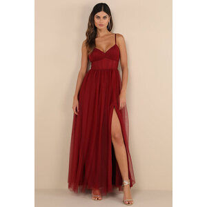 Convincingly Graceful Wine Red Tulle Sleeveless Maxi Dress